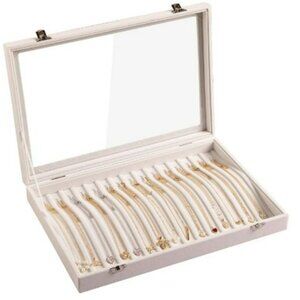 15 Hooks Velvet Necklace Tray w/ Clear Lockable Lid (Beige) Free gift w purchase